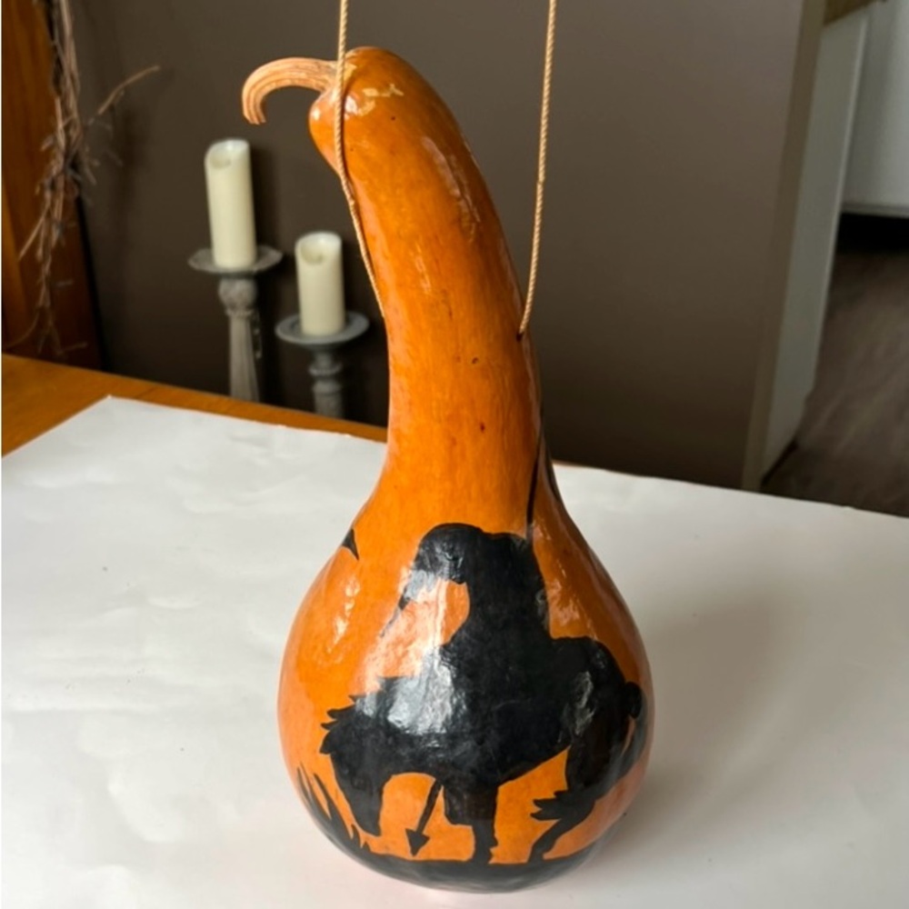 Hand painted gourd birdhouse Native American End of the Trail, artist signed